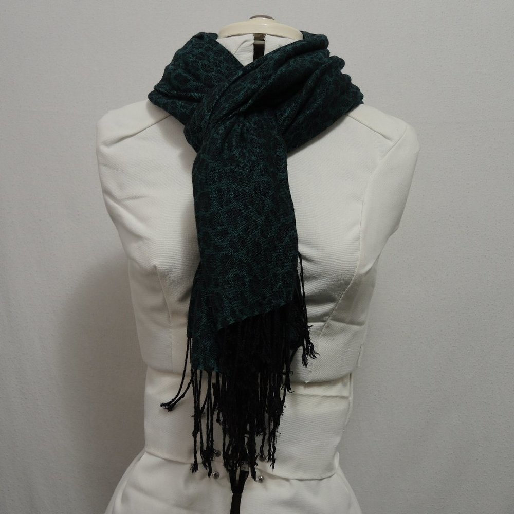Emerald Green Rectangle Scarf with Black Leopard Print 27" x 70" + Fringe